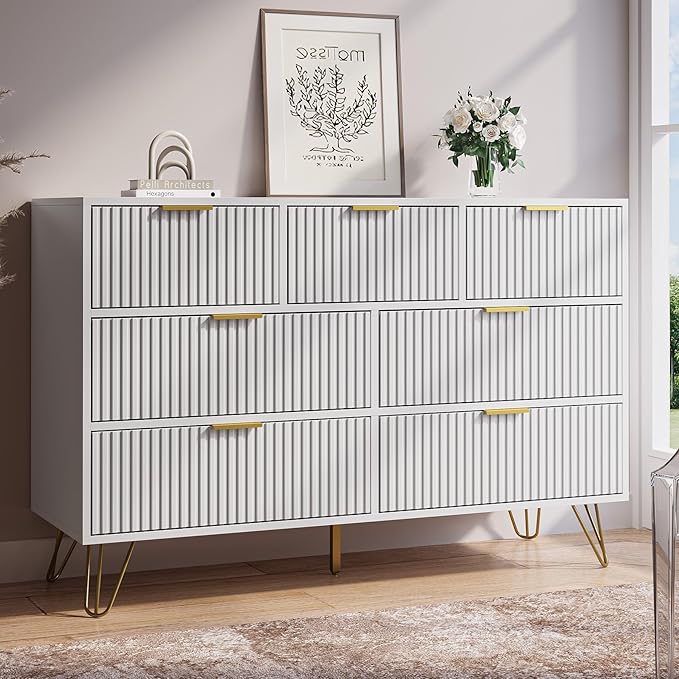 MAISONARIA White Dresser for Bedroom, 7 Drawer Dresser with Gold Pulls, Wide Chest of Drawers for Bedroom, Entryway, 47.2" L x 15.7" D x 31.4" H