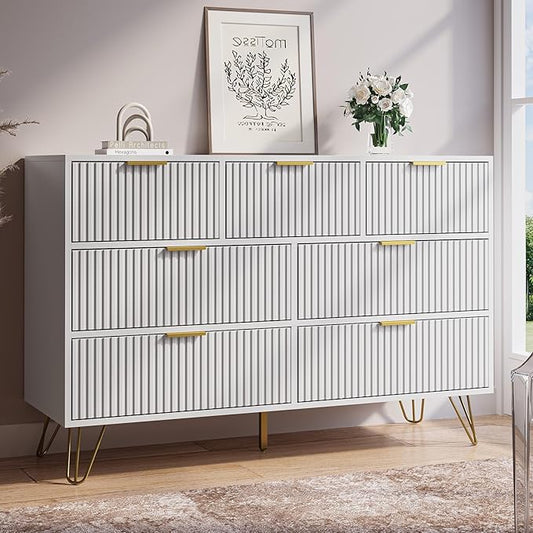 MAISONARIA White Dresser for Bedroom, 7 Drawer Dresser with Gold Pulls, Wide Chest of Drawers for Bedroom, Entryway, 47.2" L x 15.7" D x 31.4" H