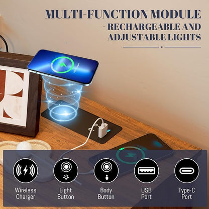 LVSOMT Brown Bedroom Nightstand with Charging Station and LED Lights, Modern Bedside Table with Hidded Drawer, Smart Night Stand with Open Storage Shelf, USB Port, Metal Legs