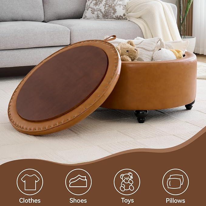 WUTUTUEE 30Inch Round Storage Ottoman with Tray, Modern Tufted Leather Circle Coffee Table with Storage, Upholstered Ottoman with Removable Top for Living Room, Bedroom, Leather Brown