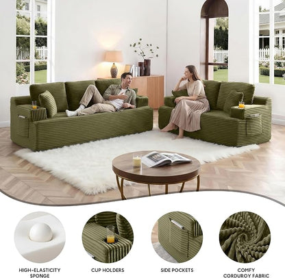 Boneless Sofa Couch Set with Cup Holders & Side Pockets, Modern Corduroy Fabric Upholstered 3-seat Couch & Loveseat Set with 4 Throw Pillows for Living Room, Office, No Assembly (Green)