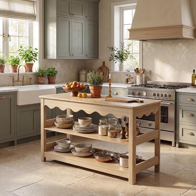 LITTLE TREE 59-Inch Kitchen Island with Seating and Storage, Large Farmhouse Stationary Island Table with Large Worktop, 3-Tier Open Shelves & Leg Room, Light Oak Kitchen Prep Station, Breakfast Bar