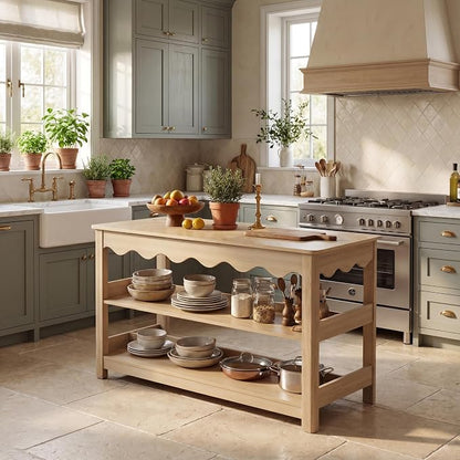 LITTLE TREE 59-Inch Kitchen Island with Seating and Storage, Large Farmhouse Stationary Island Table with Large Worktop, 3-Tier Open Shelves & Leg Room, Light Oak Kitchen Prep Station, Breakfast Bar