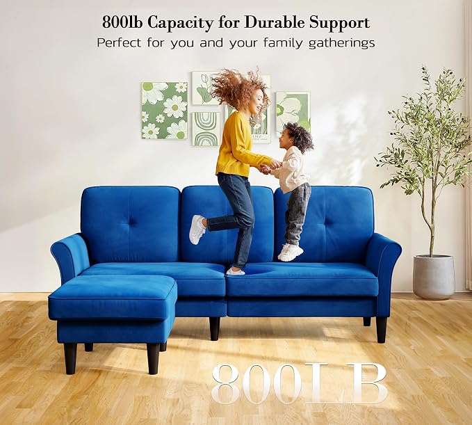 Kidirect Small Sectional Couch, 83" L Shaped Couch, Comfy Velvet Couches for Living Room, Tool-Free Setup Modular Sectional Sofa, 850lbs Load Sofas for Living Room with 1 Movable Ottoman, Blue Couch