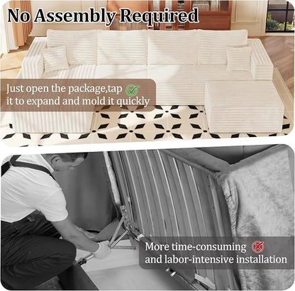 Couches Sofa, Boneless Compressed Sofa in a Box, U-Shaped Cloud Couch with Deep Seats & Chaise for Living Room, No Assembly Required (Beige, 118" U-Shape with Left Facing Chiase)