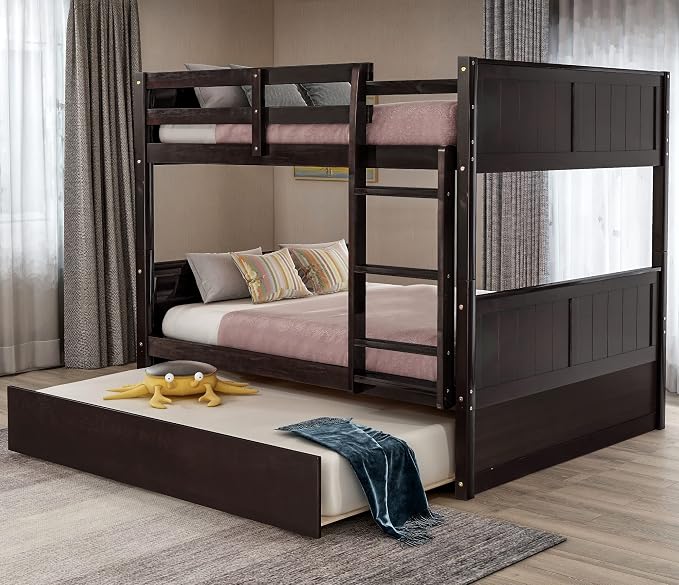 Merax Trundle Bunk Bed, Full Over Full Wood Bunk Bed with Twin Size Trundle, Guardrail and Ladder, Can be Separated into 2 Beds, Espresso