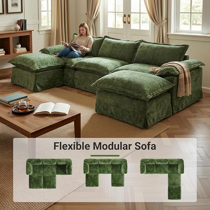Claiks 123" Modular Boneless Couch, U Shaped Couch for Living Room, Modern Deep Seat Sofa 3 Seater Chenille Fabric Comfy Cloud Couches with Movable Ottoman, Dark Green
