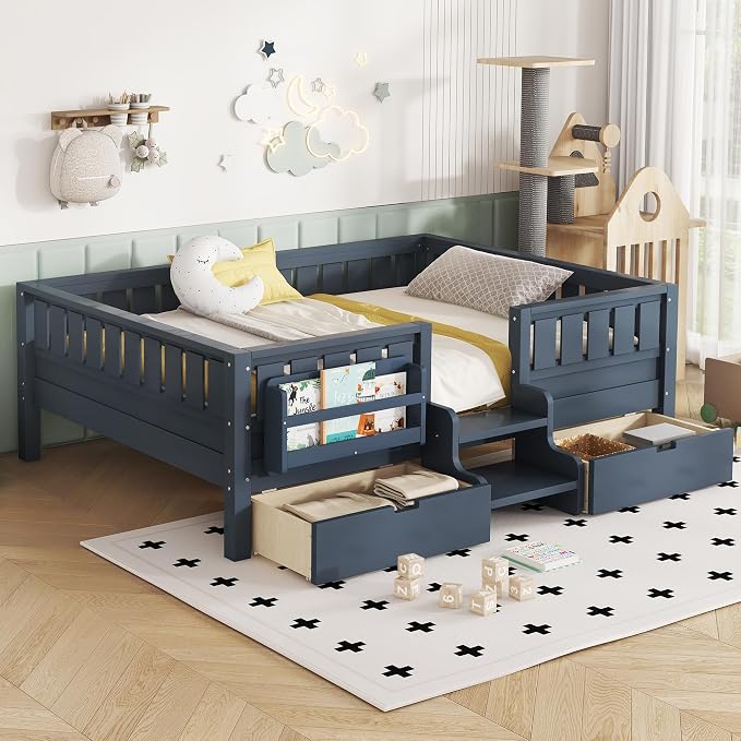 Bellemave Full Kids Montessori Bed with Stairs, Bookshelf and Drawers, Solid Wood Kids Bed Frame with Storage for Boys Girls, Low Profile,Blue