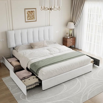 VECELO King Size Bed Frame with 4 Storage Drawers, Adjustable Height Headboard, Heavy-Duty Bedframe with Strong Wooden Slats, No Box Spring Needed, Pure White