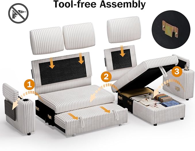 Vipbear 86" Modular Sectional Sleeper Sofa with Pull Out Bed, 3 Seat Plush Corduroy L Shaped Couch with Storage Chaise|USB Ports|Cup Holders|Side Table|Storage Armrests, Tool Free Assembly, Beige