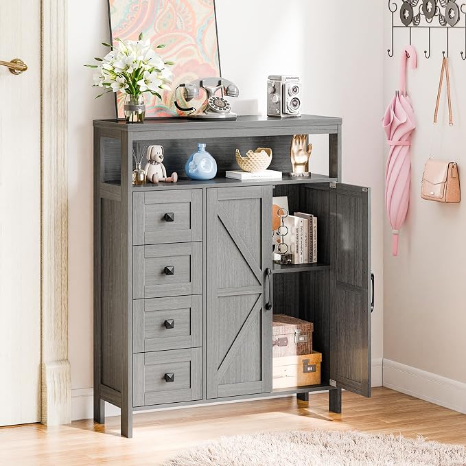 Vabches Farmhouse Storage Cabinet with 2 Doors and 4 Drawers, Freestanding Bathroom Compartment, Kitchen Pantry Cabinet, Floor Cupboard for Kitchen/Living Room/Bathroom （Wash Grey）