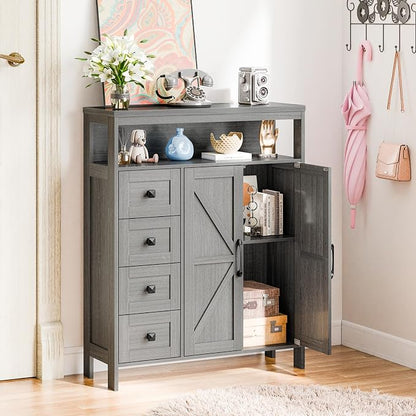 Vabches Farmhouse Storage Cabinet with 2 Doors and 4 Drawers, Freestanding Bathroom Compartment, Kitchen Pantry Cabinet, Floor Cupboard for Kitchen/Living Room/Bathroom （Wash Grey）