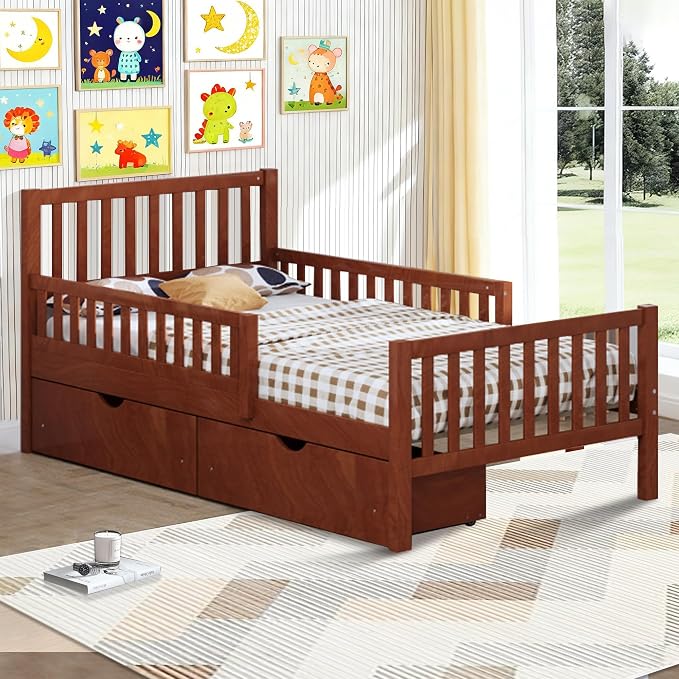 Bellemave Kids Twin Bed Frame with Fences and 2 Drawers, Twin Size Wooden Platform Bed with Guardrails on Both Sides for Boys Girls, Walnut