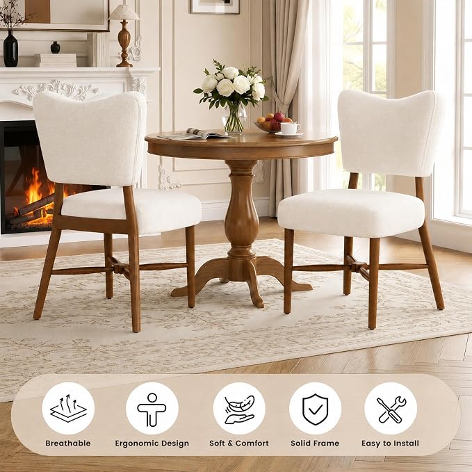 Mid Century Dining Chairs Set of 4, Linen Seat, Wood Legs, Cream | Farmhouse, Upholstered Padded Cushion, Solid Wood Cross-Brace, Easy 15-Min Assembly, Kitchen Dining Room