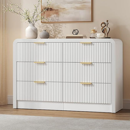 Decofy Fluted Drawers Dresser for Bedroom, Wood Dressers with Gold Handles, Modern Dressers with Wave Texture, Large Storage Chest of Drawers, Bedroom Dresser Organizer 47'' & 6 Drawers (Pure White)