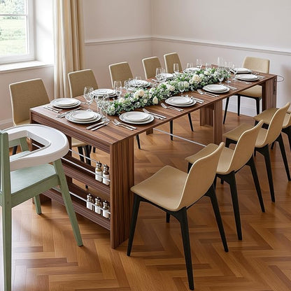 Kikihouse 19.6"-118.1" Modern Extendable Dining Table with Outlet, 2 to 12 People Space Saving Expanding Table with Storage for Party, Weddings, Meetings, Celebrations (Brown)