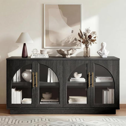 Fatmok Arden Collection 3-Piece Display Cabinet Set, 59" Arched Buffet Cabinet with Glass Doors and 3 Drawer Storage Cabinets, Adjustable Shelves and Spacious Storage for Living Room,Black Grey