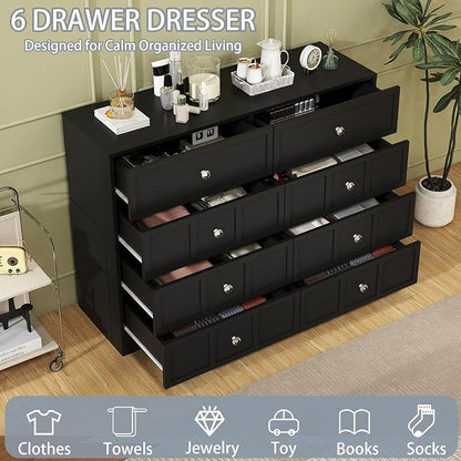8 Drawer Dresser for Bedroom: 47" Black Wide Tall Dressers for Bedroom, Modern Fluted Dresser with Deep Drawers, Wooden Chest of Drawers for Living Room