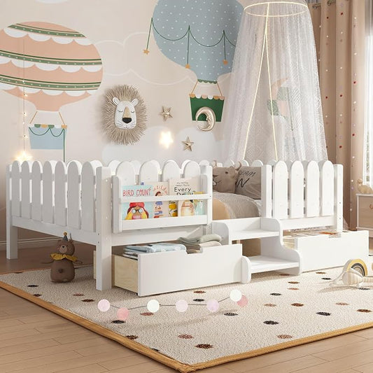Bellemave Full Size Montessori Bed with Stairs, Lights, Rails and Slats, Full Size Montessori Floor Bed with Bookshelf and 2 Storage Drawers, Easy Assemble Beds Frame for Girls, Boys, White