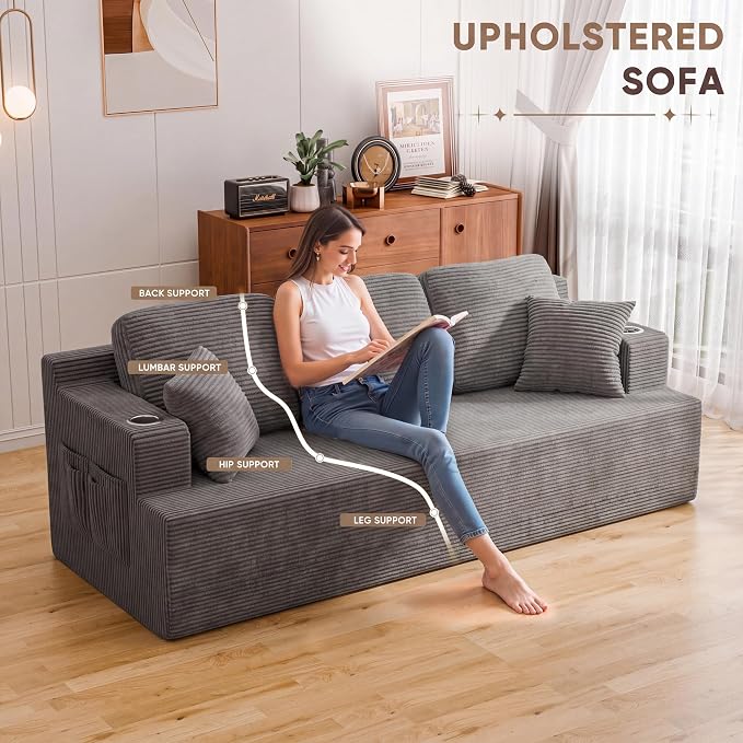 Homall 87” Boneless Sofa Couch with 2 Pillows Extra Deep Seats, Corduroy Fabric 3 Seater Sofa for Living Room with Cup Holder & Storage Pocket Upholstered Floor Sofa Easy Installation (Grey, 3 Seater)