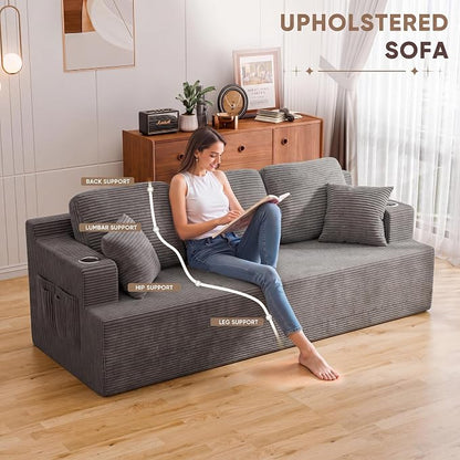 Homall 87” Boneless Sofa Couch with 2 Pillows Extra Deep Seats, Corduroy Fabric 3 Seater Sofa for Living Room with Cup Holder & Storage Pocket Upholstered Floor Sofa Easy Installation (Grey, 3 Seater)