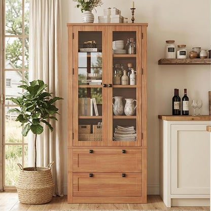 71" Tall Kitchen Pantry Cabinet - Modern Display Storage Cabinet with 2 Large Drawers, Glass Doors, and Adjustable Shelves, Farmhouse Kitchen Cupboard for Dining Room, Bathroom, Living Room, Walnut
