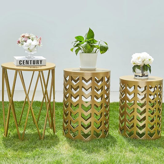 Nesting Side Table Set of 3 Decorative Round Garden Stools for Indoor Outdoor Heavy Duty Metal Frame Side Table Nightstands Modern End Table Plant Stand, Glossy Golden