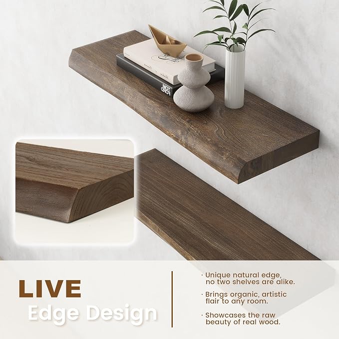 Live Edge Floating Shelves for Wall Decor, Solid Elm Wood Floating Shelves Wall Mounted, Rustic Wall Shelves with Invisible Bracket for Living Room Bathroom Bedroom Kitchen, 24 Inch Set of 2, Walnut