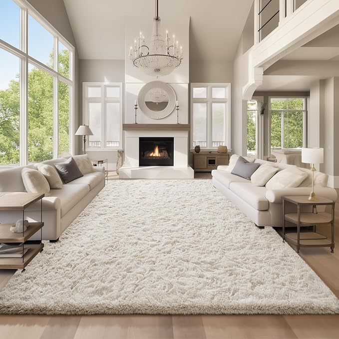 Ophanie Area Rugs 9x12 Living Room, Large Ivory Bedroom Carpet, Big Shag Indoor Thick Soft Nursery Rug, Fluffy Carpets for Boy and Girls Room Dorm Home Decor Aesthetic with Over 99 pcs Pile fibers