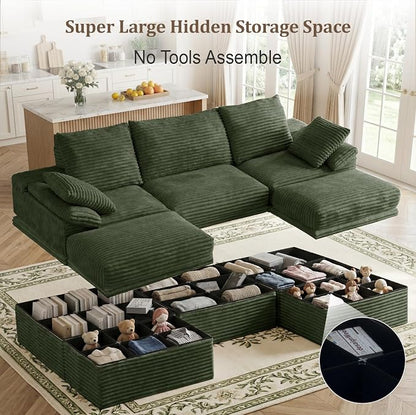 107" Modular U-Shaped Sectional Sofa with Storage, 3-Seat Corduroy Boneless Couch, 27" Deep Seat Cloud Couch & 2 Movable Ottoman, Tool-Free Assembly, Couch for Living Room, Green