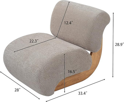 Merax 28" Modern Curved Boucle Accent Chair with Solid Wood Base, Mid-Century Armless Upholstered Slipper Lounge Chair for Living Room, Bedroom, Reading Nook, Natural + Almond