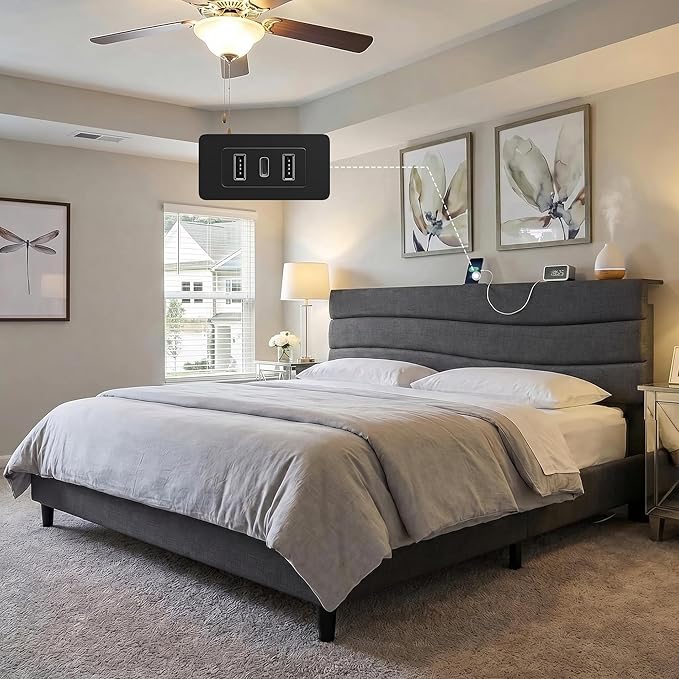 EnHomee King Bed Frame with Adjustable Height Upholstered Headboard, Charging Stations, Noise-Free Platform Bed, No Box Spring Needed,Easy Assembly, Grey