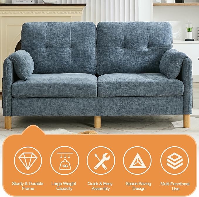 WUTUTUEE 65" Chenille Loveseat Sofa, Modern 2-Seater Love Seat Couch with Armrest Pillows, Storage Pockets, Easy Assembly, Upholstered Tufted Loveseat Couches for Living Room Bedroom, Blue