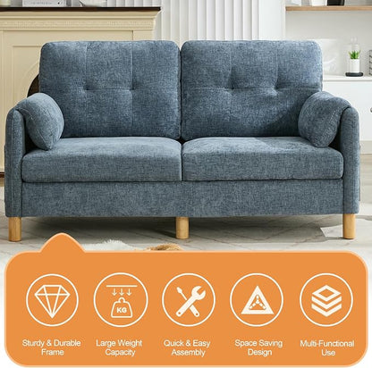 WUTUTUEE 65" Chenille Loveseat Sofa, Modern 2-Seater Love Seat Couch with Armrest Pillows, Storage Pockets, Easy Assembly, Upholstered Tufted Loveseat Couches for Living Room Bedroom, Blue