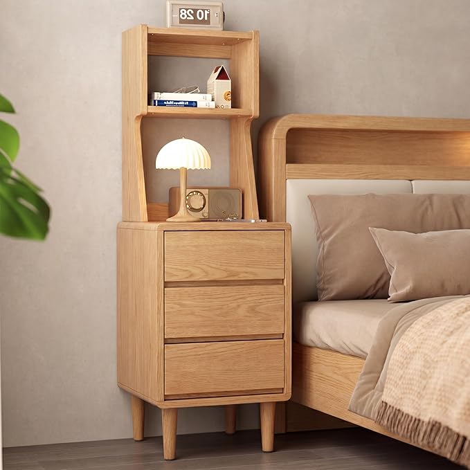 Solid Wood Bookshelf with Drawers,Narrow bookcase with Storage Shelves,Tall Nightstand with Drawers,Mid Century Modern Nightstand,Open Shelf Bookcase,Small Book Shelf for Bedroom,Living Room,Offices