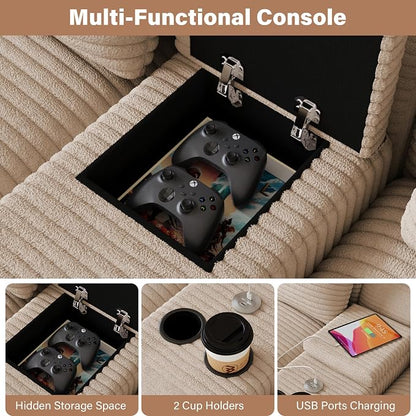 143" Oversized U Shaped Cloud Sectional Couches for Living Room, Comfy Fluffy Corduroy Beige Boneless Couch, Large Modular Sectional Sofa Set with Chaise, Cup Holder, USB Port, Storage Console