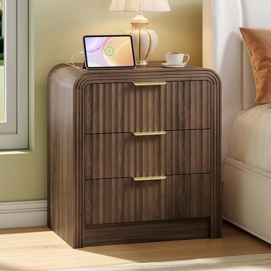 Decofy Fluted Nightstand with Charging Station, Modern Bedroom Side Table with Gold Handles, Curved Profile Design, End Table Wood Organizer for Bedroom, 19.7" & 3 Drawers (1 Pack, Walnut)