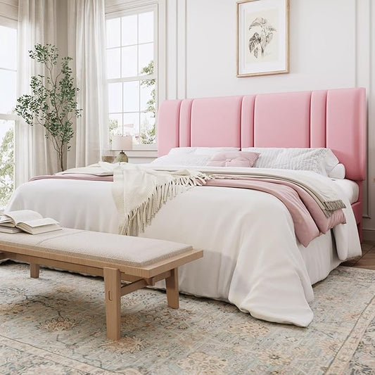 SHA CERLIN King Size Platform Bed Frame, Velvet Upholstered Bed with Adjustable Headboard, Vertical Channel Tufted Design, Sturdy Wood Slat Support, No Box Spring Needed, Easy Assembly, Pink
