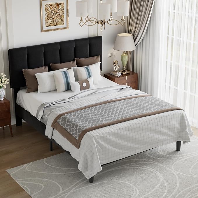 VECELO Queen Bed Frame, Velvet & Black | Upholstered Headboard, Heavy-duty Platform, Strong Wooden Slats Support, No Box Spring Needed