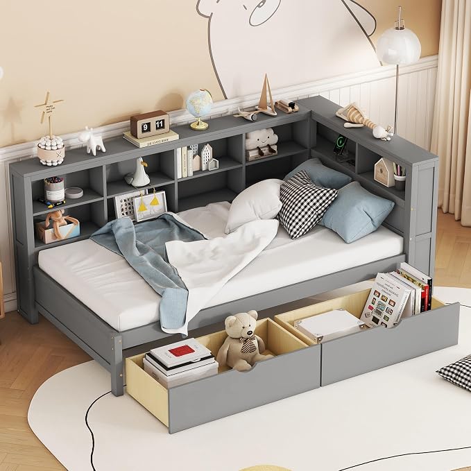 Bellemave Twin Corner Bed Frame, Wood Twin Size Daybed with L-Shaped Bookcase and 2 Drawers，Daybed with Storage Cabinets, Gray