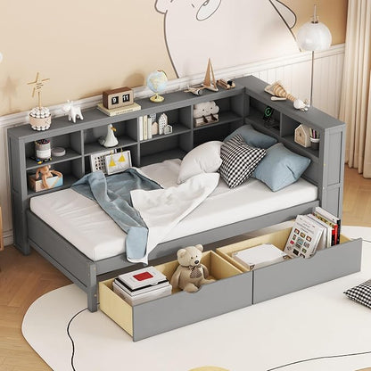 Bellemave Twin Corner Bed Frame, Wood Twin Size Daybed with L-Shaped Bookcase and 2 Drawers，Daybed with Storage Cabinets, Gray