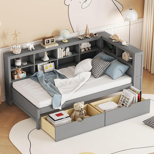 Bellemave Twin Corner Bed Frame, Wood Twin Size Daybed with L-Shaped Bookcase and 2 Drawers，Daybed with Storage Cabinets, Gray