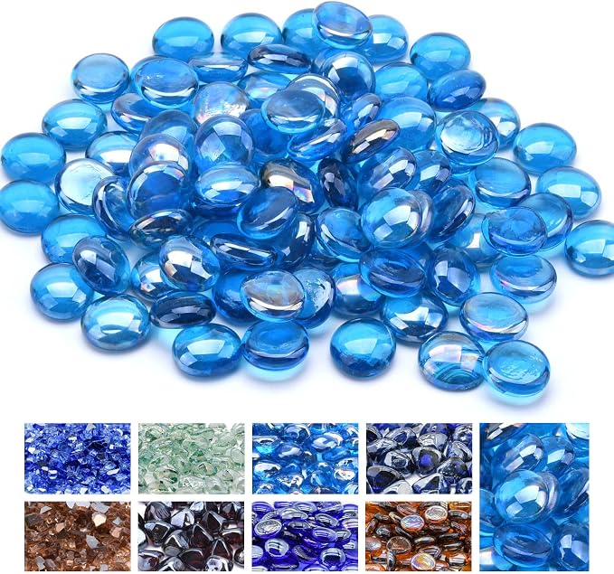 GasSaf Blue Fire Glass Beads for Outdoor Fire Pit, Fireplace, Replaces Existing Gas Logs & Lava Rocks, 3/4 Inch Glass(20 Pound)(Caribbean Blue Luster)