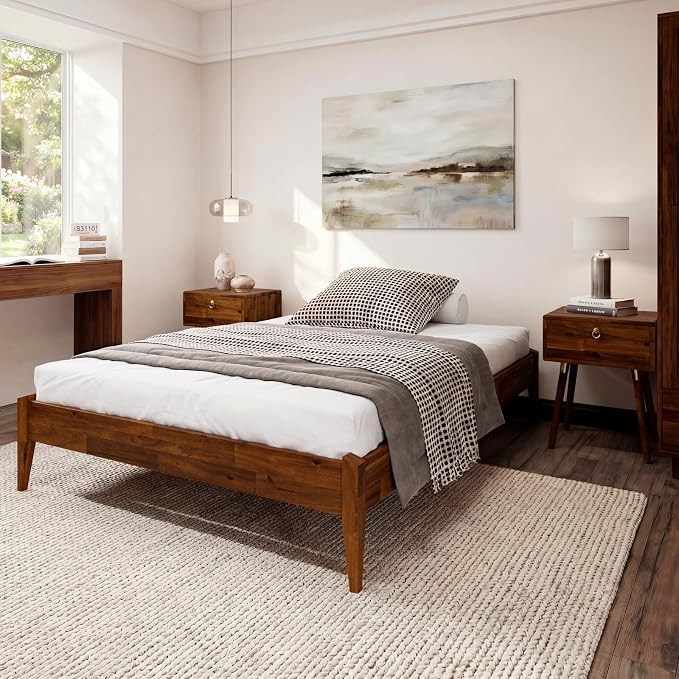 Bme Dinkee 15 Inch Signature Bed Frame Without Headboard - Modern & Minimalist Style with Acacia Wood - 12 Strong Wood Slat Support - Easy Assembly - No Box Spring Neededd - Dark Chocolate, Full