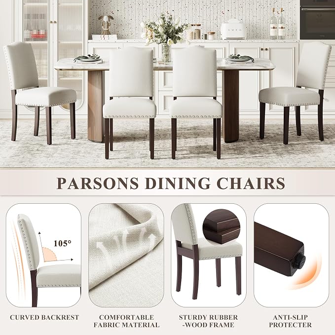Upholstered Parsons Dining Chairs Set of 6, Modern Dining Room Chairs with Back, Fabric Kitchen Side Chairs with Wood Legs, Nailhead Trim for Dinner Farmhouse Restaurant, Beige