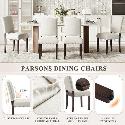 Upholstered Parsons Dining Chairs Set of 6, Modern Dining Room Chairs with Back, Fabric Kitchen Side Chairs with Wood Legs, Nailhead Trim for Dinner Farmhouse Restaurant, Beige