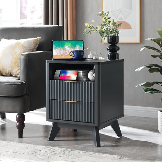 T4TREAM Fluted Nightstand Set of 2 with Charging Station, 18" Modern SideTable with Faux Marble Top, 2 Drawer End Table w/Storage, Bedside Table for Bedroom, Living Room, Curved Profile, Dark Grey