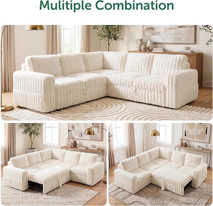 HONBAY Plush Corduroy Modular Sectional Sofa with Pull Out Bed, Convertible L Shaped Couch with Storage,Sleeper Sectional Couches for Living Room,Plush Beige