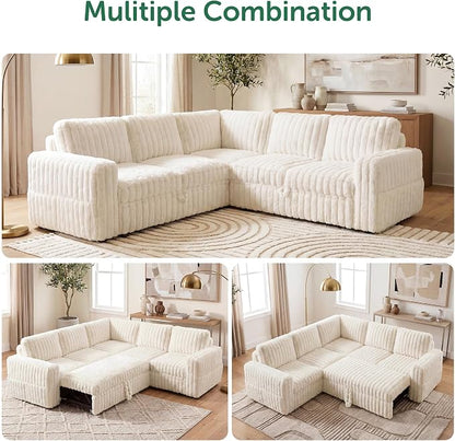HONBAY Plush Corduroy Modular Sectional Sofa with Pull Out Bed, Convertible L Shaped Couch with Storage,Sleeper Sectional Couches for Living Room,Plush Beige