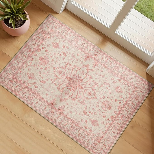 RELEANY Area Rugs Small 2'x3' Washable Non-Slip, Floral Vintage Distress Medallion Carpet for Kitchen Entryway Bathroom, Pink Light Vintage Pink